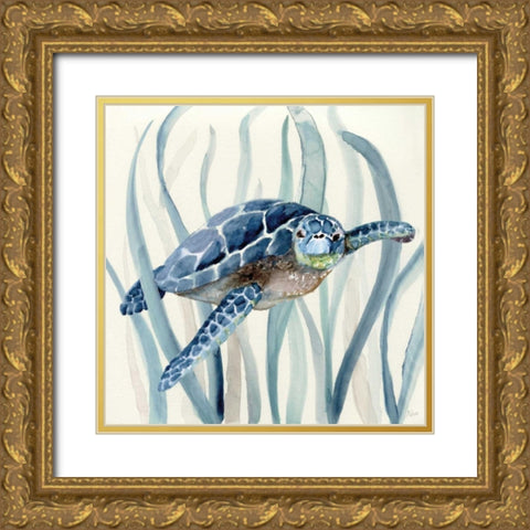 Turtle in Seagrass I Gold Ornate Wood Framed Art Print with Double Matting by Nan