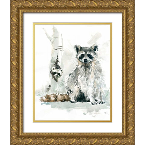 Raccoon and Baby Gold Ornate Wood Framed Art Print with Double Matting by Robinson, Carol