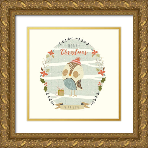 Holly Berry Owl Gold Ornate Wood Framed Art Print with Double Matting by Evans, Nicola