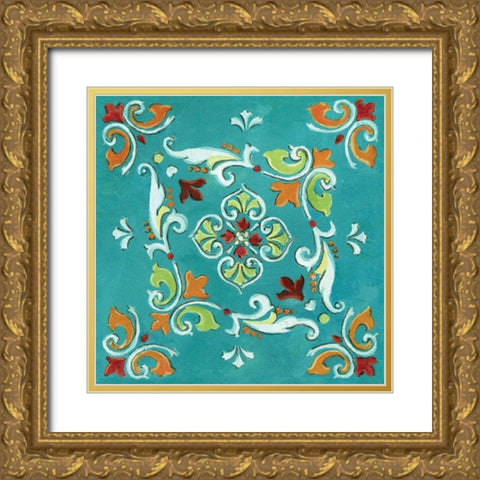 Blue Banadana Mosaic Gold Ornate Wood Framed Art Print with Double Matting by Nan