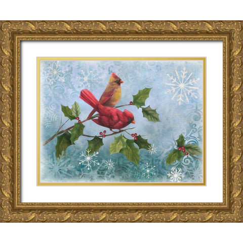 Winter Cardinal Duet I Gold Ornate Wood Framed Art Print with Double Matting by Nan