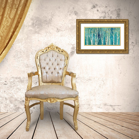 Birch on Blue Gold Ornate Wood Framed Art Print with Double Matting by Nan