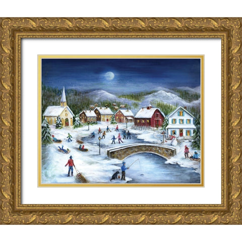 Moonlit Skaters Gold Ornate Wood Framed Art Print with Double Matting by Dunlap, Marilyn