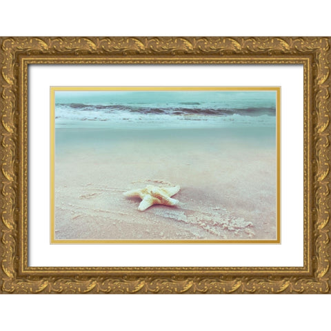 Beach Set Starfish Gold Ornate Wood Framed Art Print with Double Matting by Nan