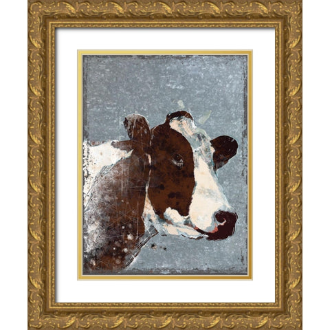 Cow on Galvanized Metal Gold Ornate Wood Framed Art Print with Double Matting by Robinson, Carol