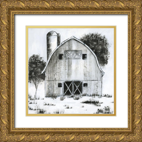 Black and White Barn I Gold Ornate Wood Framed Art Print with Double Matting by Nan