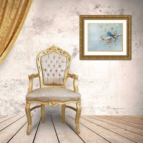 Blue Bird in Winter Gold Ornate Wood Framed Art Print with Double Matting by Swatland, Sally