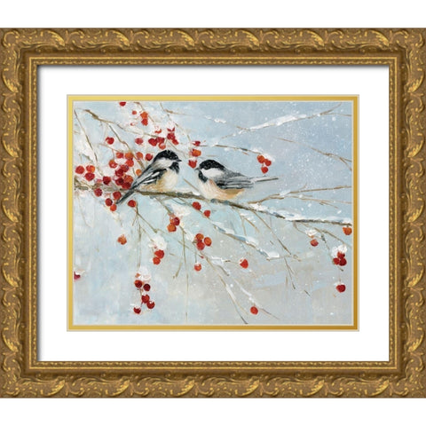 Chickadees in Winter Gold Ornate Wood Framed Art Print with Double Matting by Swatland, Sally