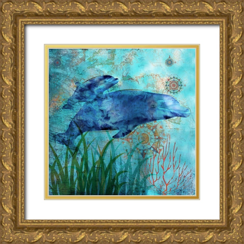 Deep Sea Dolphins Gold Ornate Wood Framed Art Print with Double Matting by Nan