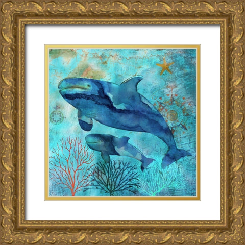 Deep Sea Whales Gold Ornate Wood Framed Art Print with Double Matting by Nan