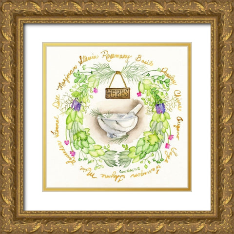 Herbal Wreath Gold Ornate Wood Framed Art Print with Double Matting by Halm, Carol