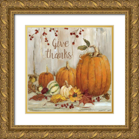 Pumpkin Patch Give Thanks Gold Ornate Wood Framed Art Print with Double Matting by Swatland, Sally