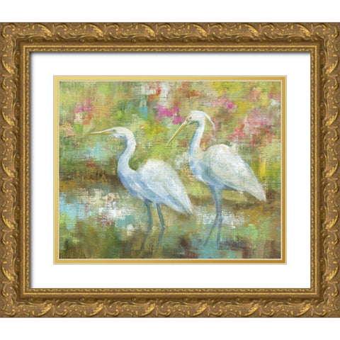 Egret Tapestry Gold Ornate Wood Framed Art Print with Double Matting by Nan