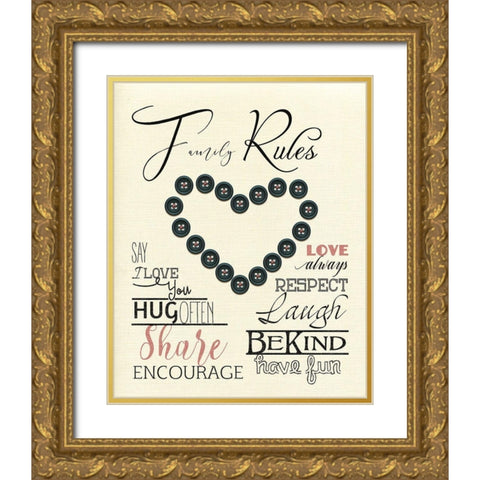 Family Rules Buttons Gold Ornate Wood Framed Art Print with Double Matting by Santiago, Daniela