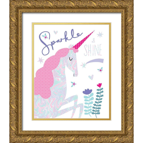 Sparkle Unicorn Gold Ornate Wood Framed Art Print with Double Matting by Pepper, Charlotte
