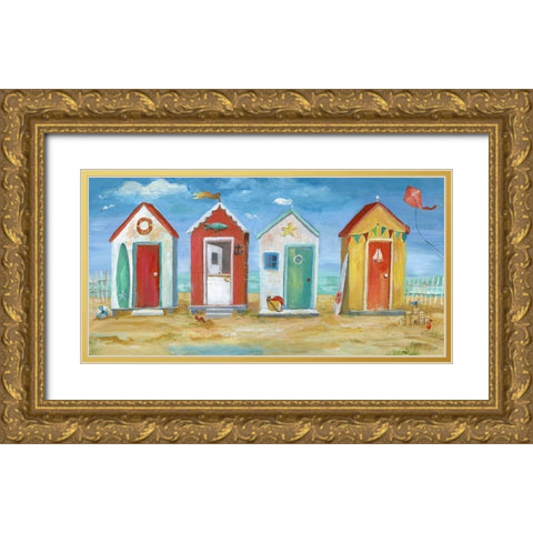 Bright Beach Huts Gold Ornate Wood Framed Art Print with Double Matting by Nan