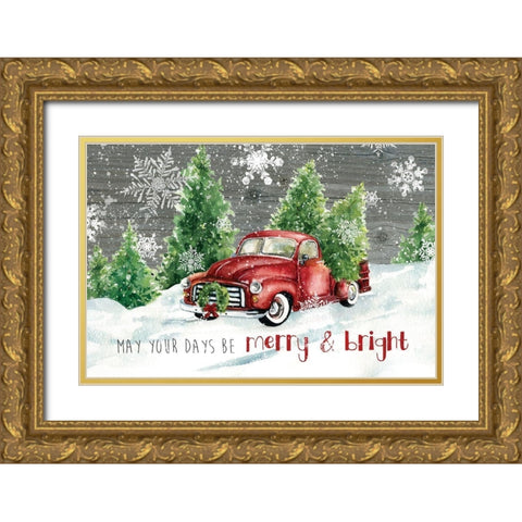 Merry and Bright Christmas Truck Gold Ornate Wood Framed Art Print with Double Matting by Robinson, Carol