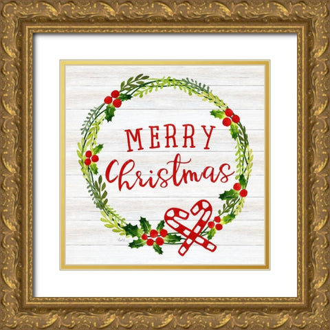 Merry Christmas Wreath Gold Ornate Wood Framed Art Print with Double Matting by Carpentieri, Natalie