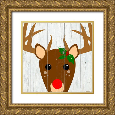 Holly Reindeer Gold Ornate Wood Framed Art Print with Double Matting by Santiago, Daniela
