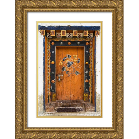 Bhutan Door Gold Ornate Wood Framed Art Print with Double Matting by Runkel, Michael