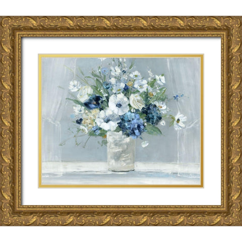 Be Happy Blue Gold Ornate Wood Framed Art Print with Double Matting by Swatland, Sally