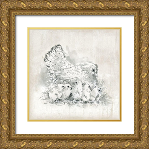 Hen and Chicks Gold Ornate Wood Framed Art Print with Double Matting by Robinson, Carol