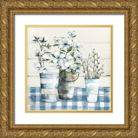 Gingham Blues Gold Ornate Wood Framed Art Print with Double Matting by Robinson, Carol