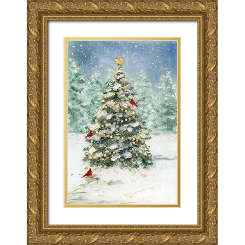 Cardinals and Christmas Gold Ornate Wood Framed Art Print with Double Matting by Swatland, Sally