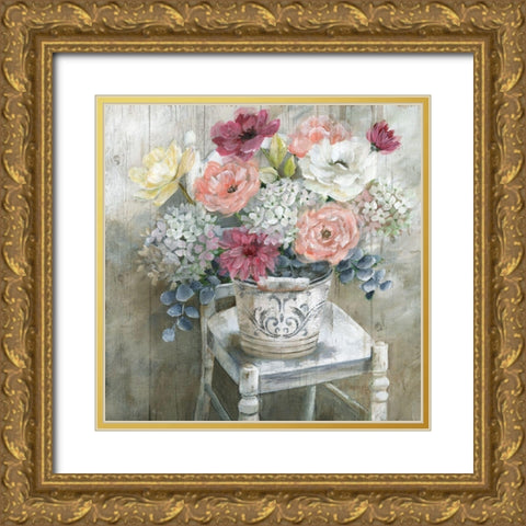 Quaint Cottage Bouquet Gold Ornate Wood Framed Art Print with Double Matting by Nan