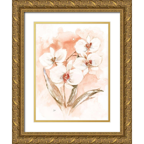 White and Coral Orchid I Gold Ornate Wood Framed Art Print with Double Matting by Nan