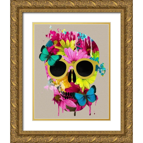 Floral Skull Gold Ornate Wood Framed Art Print with Double Matting by Santiago, Daniela