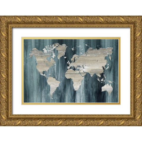 Navy World Map Gold Ornate Wood Framed Art Print with Double Matting by Nan