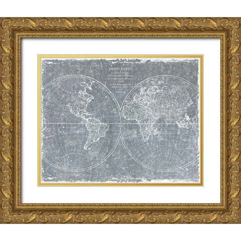 Galvanized World Map Gold Ornate Wood Framed Art Print with Double Matting by CAD Designs
