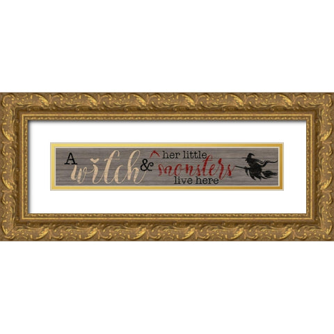 Witch and Her Little Monsters Gold Ornate Wood Framed Art Print with Double Matting by CAD Designs