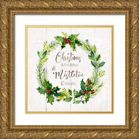 Christmas Wishes Wreath Gold Ornate Wood Framed Art Print with Double Matting by Nan