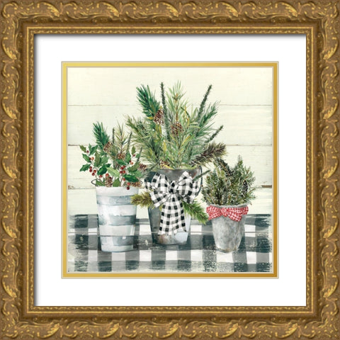 Christmas Gingham I Gold Ornate Wood Framed Art Print with Double Matting by Robinson, Carol