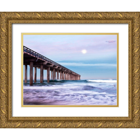 Moon Setting Over Scripps Pier Gold Ornate Wood Framed Art Print with Double Matting by Collins, Ann