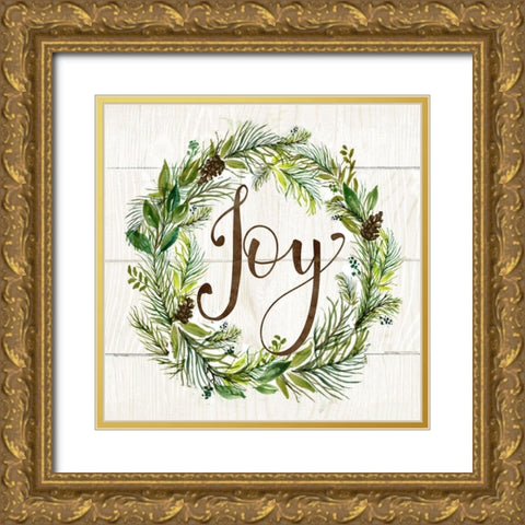 Joy Wreath Gold Ornate Wood Framed Art Print with Double Matting by Nan