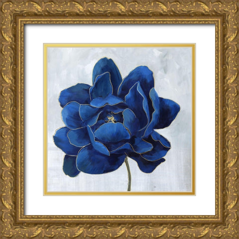 Indigo Peony Gold Ornate Wood Framed Art Print with Double Matting by Nan