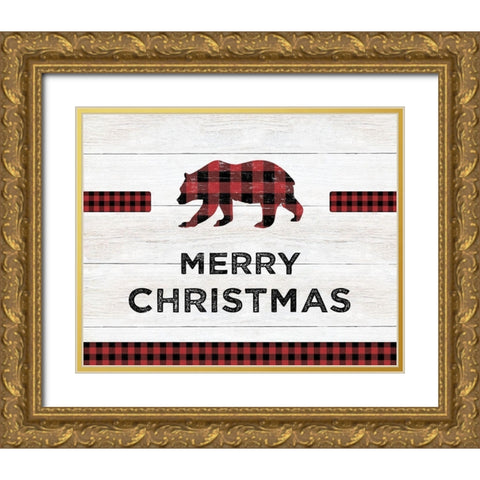 Merry Christmas Bear Gold Ornate Wood Framed Art Print with Double Matting by CAD Designs