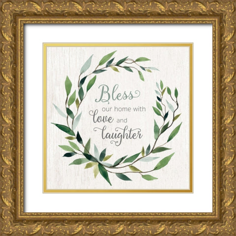 Bless This Home Greenery Gold Ornate Wood Framed Art Print with Double Matting by Robinson, Carol
