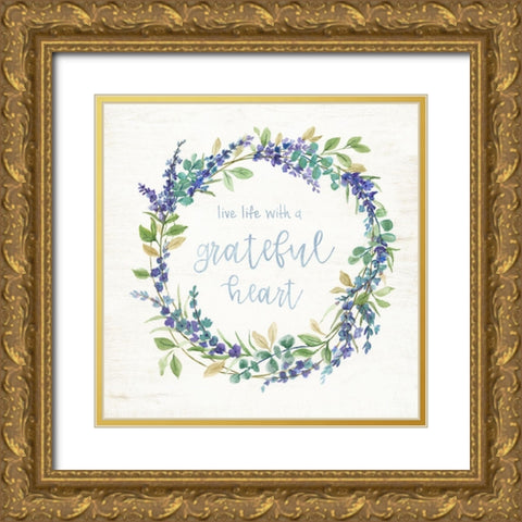 Blue Lavender Wreath Gold Ornate Wood Framed Art Print with Double Matting by Nan