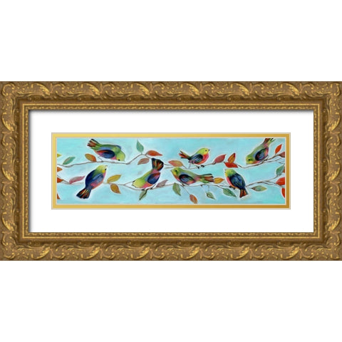 Bitty Birds Hangout Gold Ornate Wood Framed Art Print with Double Matting by Brooks, Donna