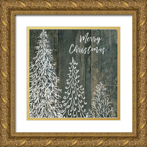 Merry Christmas Trees Gold Ornate Wood Framed Art Print with Double Matting by Robinson, Carol