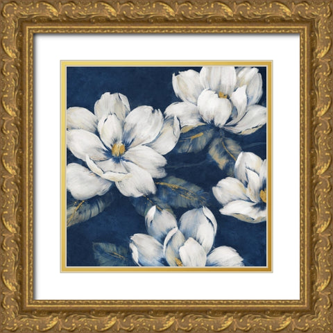 Magnolias Indigo Gold Ornate Wood Framed Art Print with Double Matting by Nan