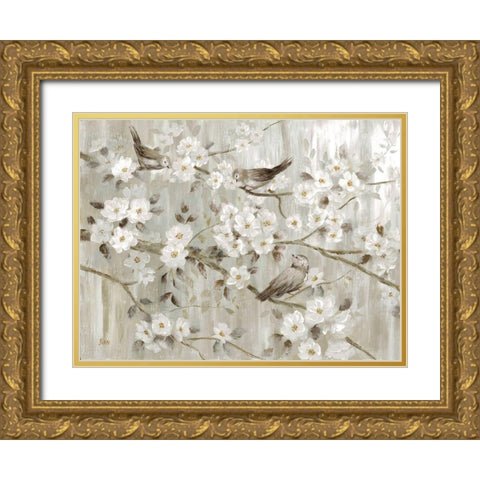 Neutral Spring Birds Gold Ornate Wood Framed Art Print with Double Matting by Nan