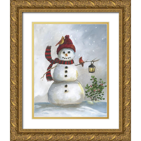 Snowman and Cardinal I Gold Ornate Wood Framed Art Print with Double Matting by Nan