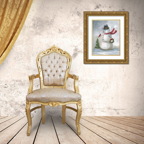 Snowman and Cardinal II Gold Ornate Wood Framed Art Print with Double Matting by Nan