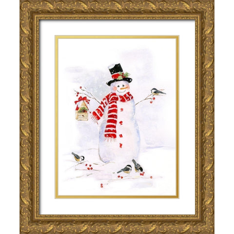 Snowman and Chickadee Friends II Gold Ornate Wood Framed Art Print with Double Matting by Swatland, Sally