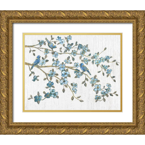 Blooming Bluebirds Gold Ornate Wood Framed Art Print with Double Matting by Nan